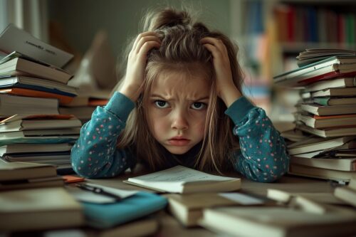 Young girl looking overwhelmed and surrounded by books