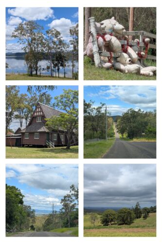 Six photos of views, teddy bears by a fence, an old church