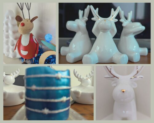 Collage of four reindeer ornament photos