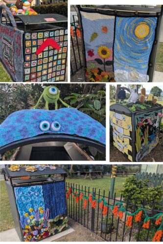 collage of bins covered in yarn art
