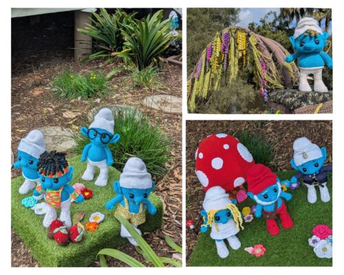 Collage of smurf yarn art